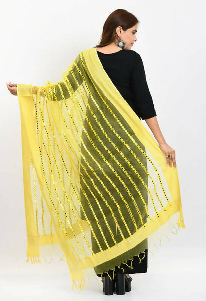 Mominos Fashion Moeza Women's Orgenza Mirror Stripe Thread Work Lemon Yellow Dupatta