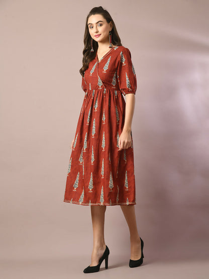 Myshka Women's Rust Printed Cotton V-Neck Empire Party Dress