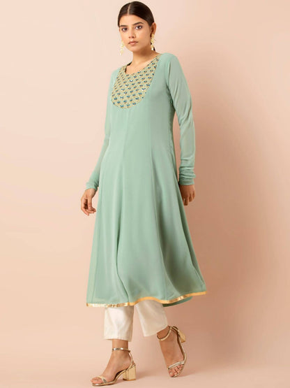 Indya Green Embroidered A-Line Kurta