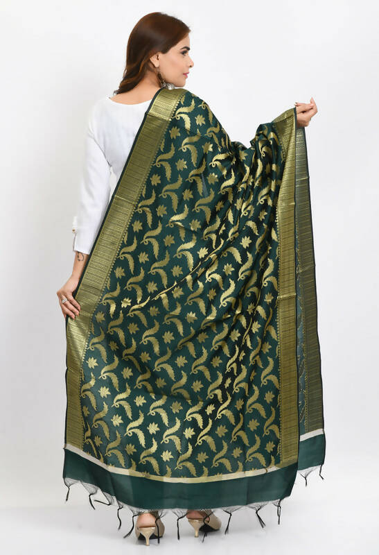 Mominos Fashion Moeza Women's Banarsi Silk Floral Woven Design Bottle Green Dupatta