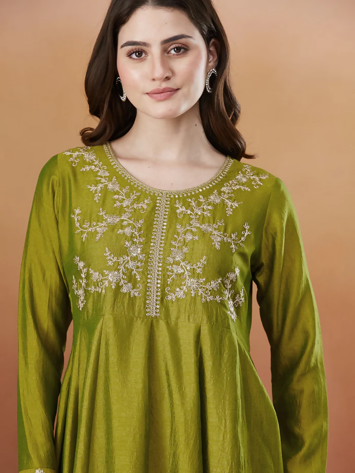 The52 Light Green Women's Beautiful Vichitra Silk Fabric Embroidered Work Flared Anarkali Pant and Dupatta Set