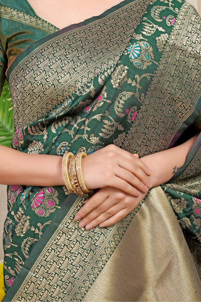 Jyoti Fashion Women's Bottle Green Kanjivaram Silk Zari Woven Saree with Blouse