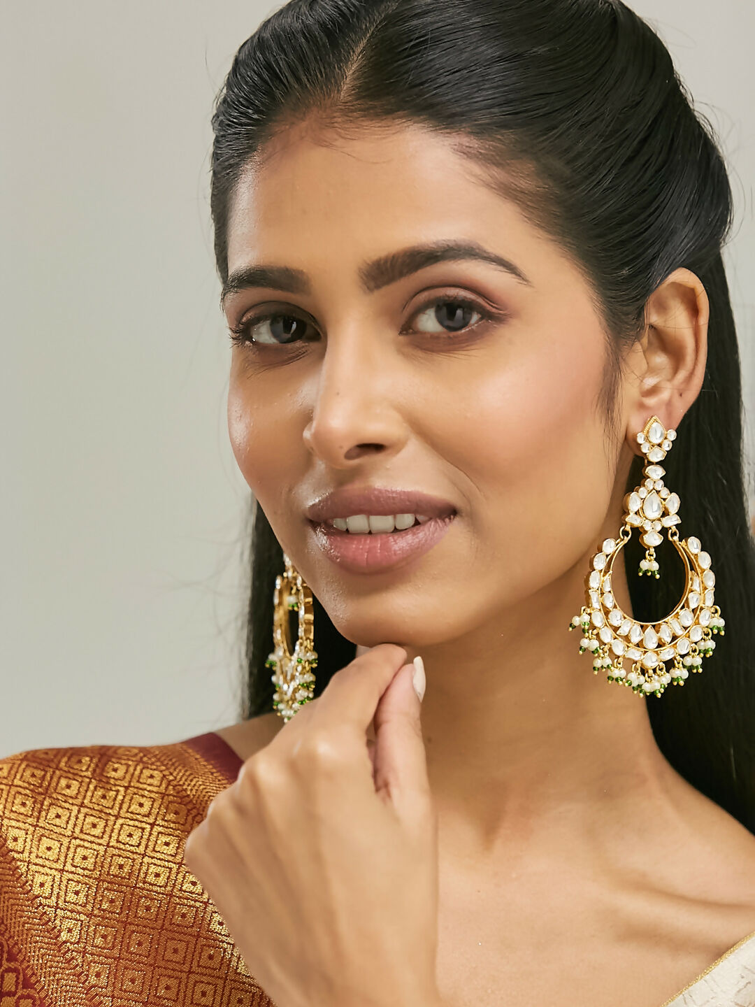 Nuyug 22K Gold-Plated Elegant Kundan Studded & Beaded Floral Chandbali Earrings