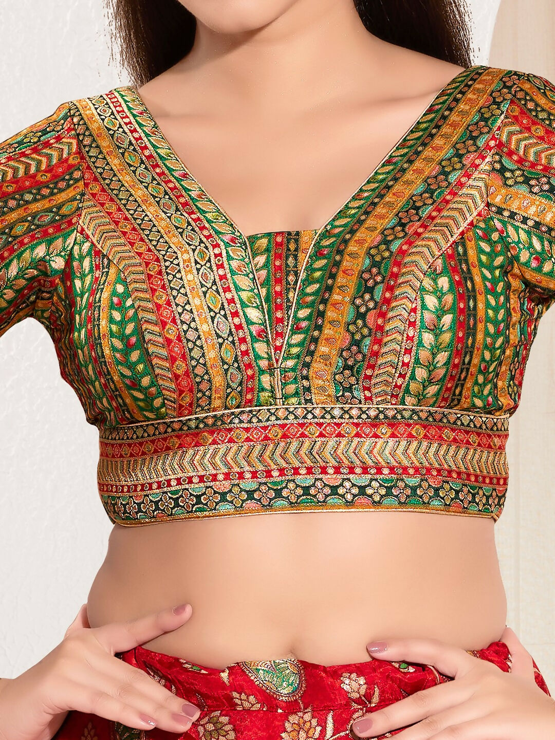 Joban Fashion Green Multi Brocade Padded Blouse With V Neck Elbow Sleeves