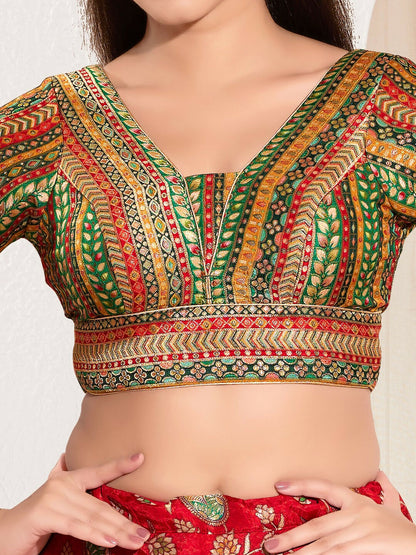 Joban Fashion Green Multi Brocade Padded Blouse With V Neck Elbow Sleeves