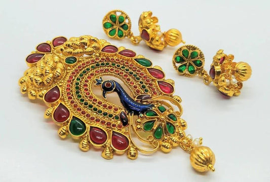 Gold-Polished Multicolor Kemp Peacock Pendant Set