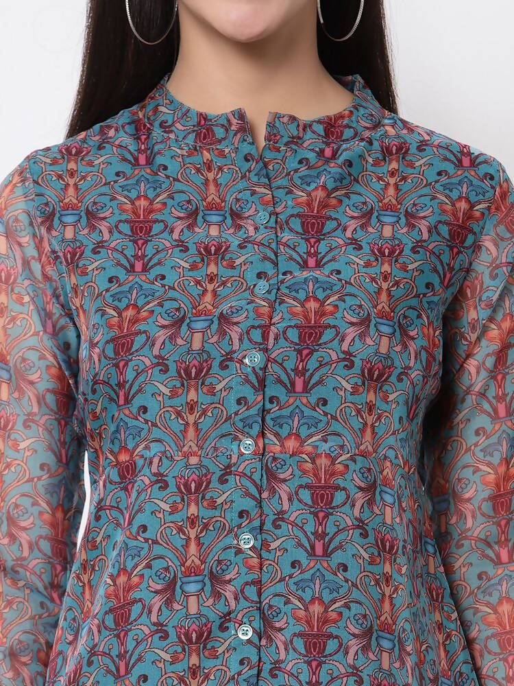 Myshka Women's Beautiful Organza Printed 3/4 Sleeve Round Neck Casual Multicolor Tunic