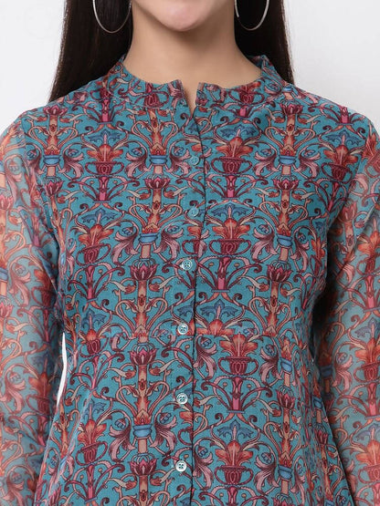 Myshka Women's Beautiful Organza Printed 3/4 Sleeve Round Neck Casual Multicolor Tunic