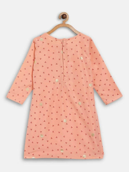 Ahalyaa Peach Crepe Gold Printed Kids Kurta Sets With Dupatta For Girls