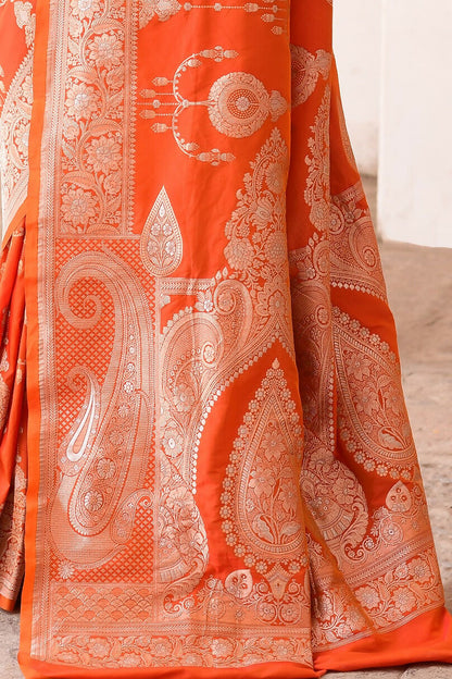Joban Fashion Orange Banarasi Soft Pure Handloom Banarasi Silk Saree