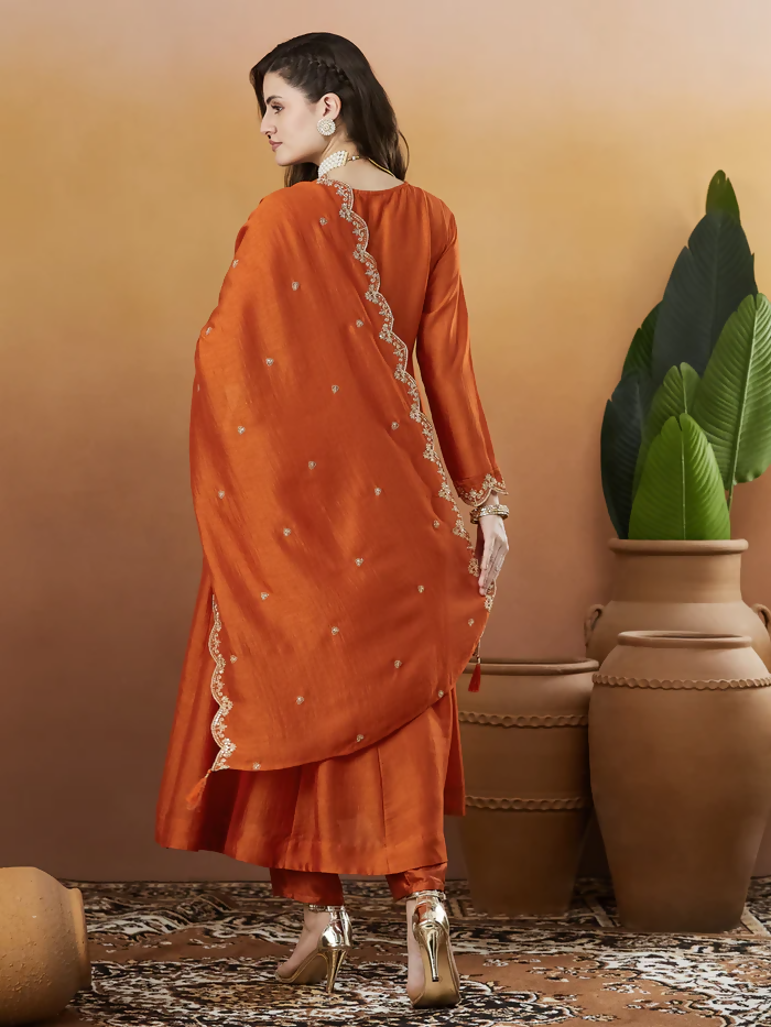 The52 Orange Women's Beautiful Vichitra Silk Fabric Embroidered Work Flared Anarkali Pant and Dupatta Set