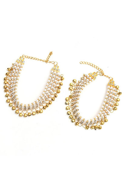 Mominos Fashion Kamal Johar Gold-Polished Pearls Anklets