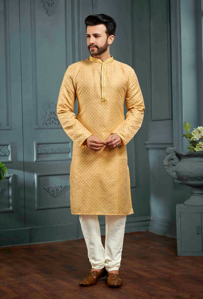 Joban Fashion Men's Yellow Poly Jacquard Kurta Pajama