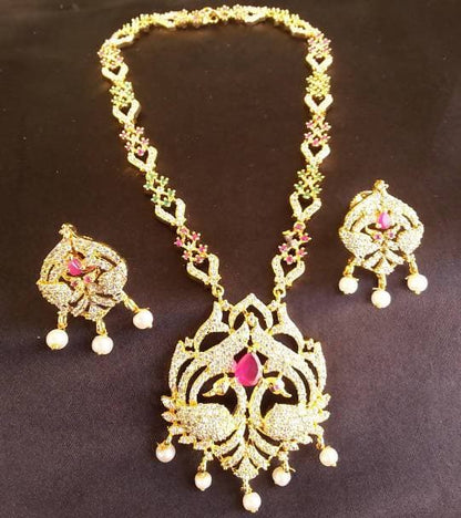 Red Beaded AD Peacock Bridal Necklace Set
