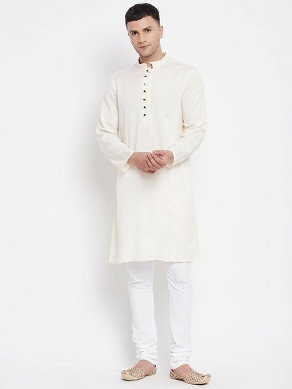 Even Apparels Cream Rayon Men's Kurta With Band Collar