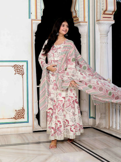 Miravan Women's Light Pink Cotton Birds And Leaf Floral Printed Anarkali Kurta And Dupatta Set