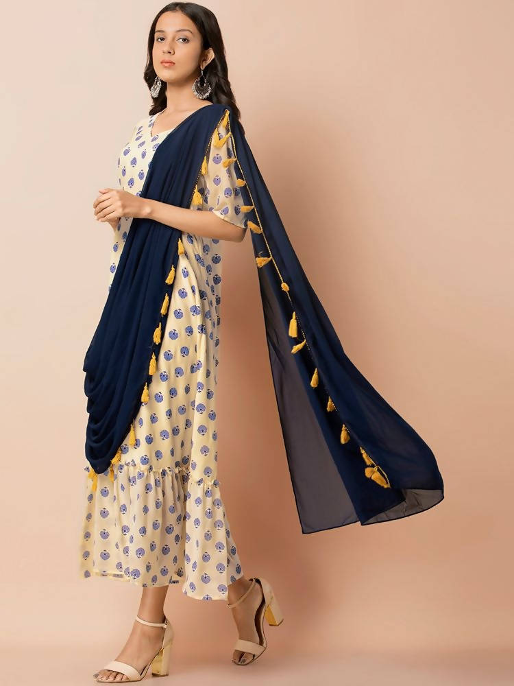 Indya Women White & Navy Blue Printed Maxi Dress With Attached Dupatta