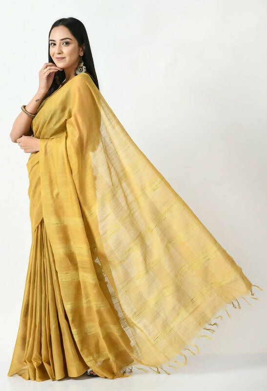 Mominos Fashion Moeza Golden Bhagalpuri Handloom 8 Line Ghichha Silk Saree with unstitched Blouse piece