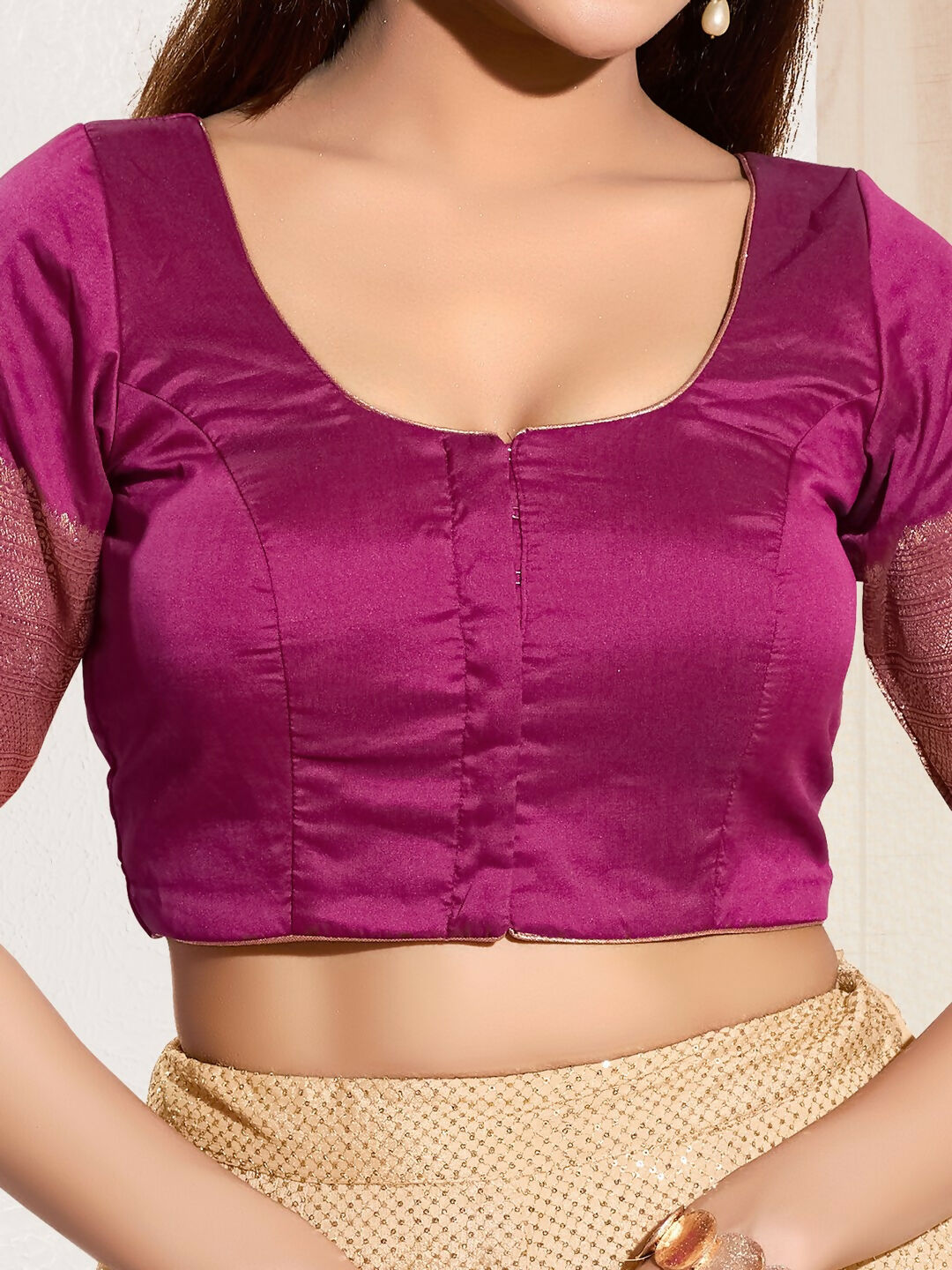 Joban Fashion South Pink Taffeta Silk Padded Blouse With Round Neck Elbow Sleeves