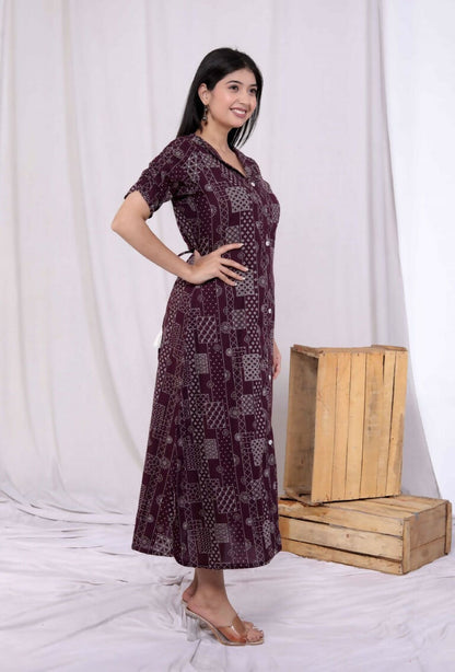 Miravan Women's Wine Mandarin Neck Floral Printed A-Line Party wear Maxi Dress