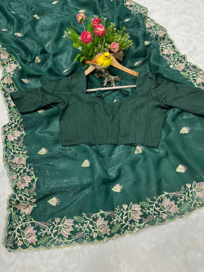 Vastranavya Gold Crunchy Multi Colour Threads Embroidery Work with Sequins Work Saree with Blouse material - Green