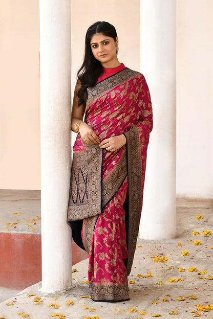 Joban Fashion Hot Pink Crepe Chiffon Pure Handloom Banarasi Silk Saree