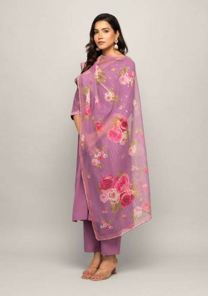 FIORRA Women's Lavender Creap A-Line Kurta Pant With Dupatta
