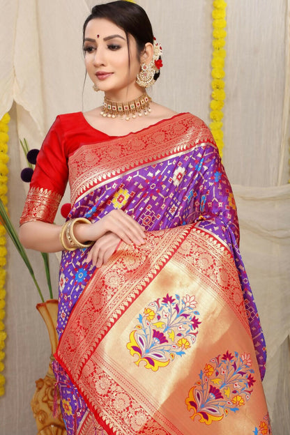Jyoti Fashion Women's Purple Patola Silk Zari Woven Saree with Blouse