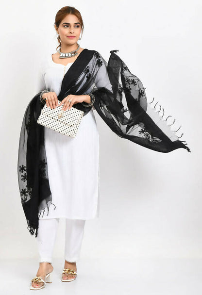 Mominos Fashion Moeza Women's Orgenza All Over Chikan Work Black Dupatta