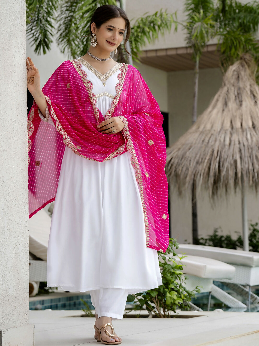 The52 White Women's Gorgeous Embroidered Chanderi Fabric Straight Kurta, Pant and Dupatta Set