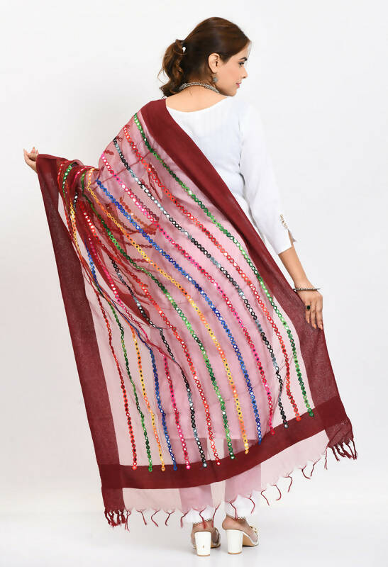 Mominos Fashion Moeza Women's Orgenza Multi Thread Mirror Work Maroon Dupatta