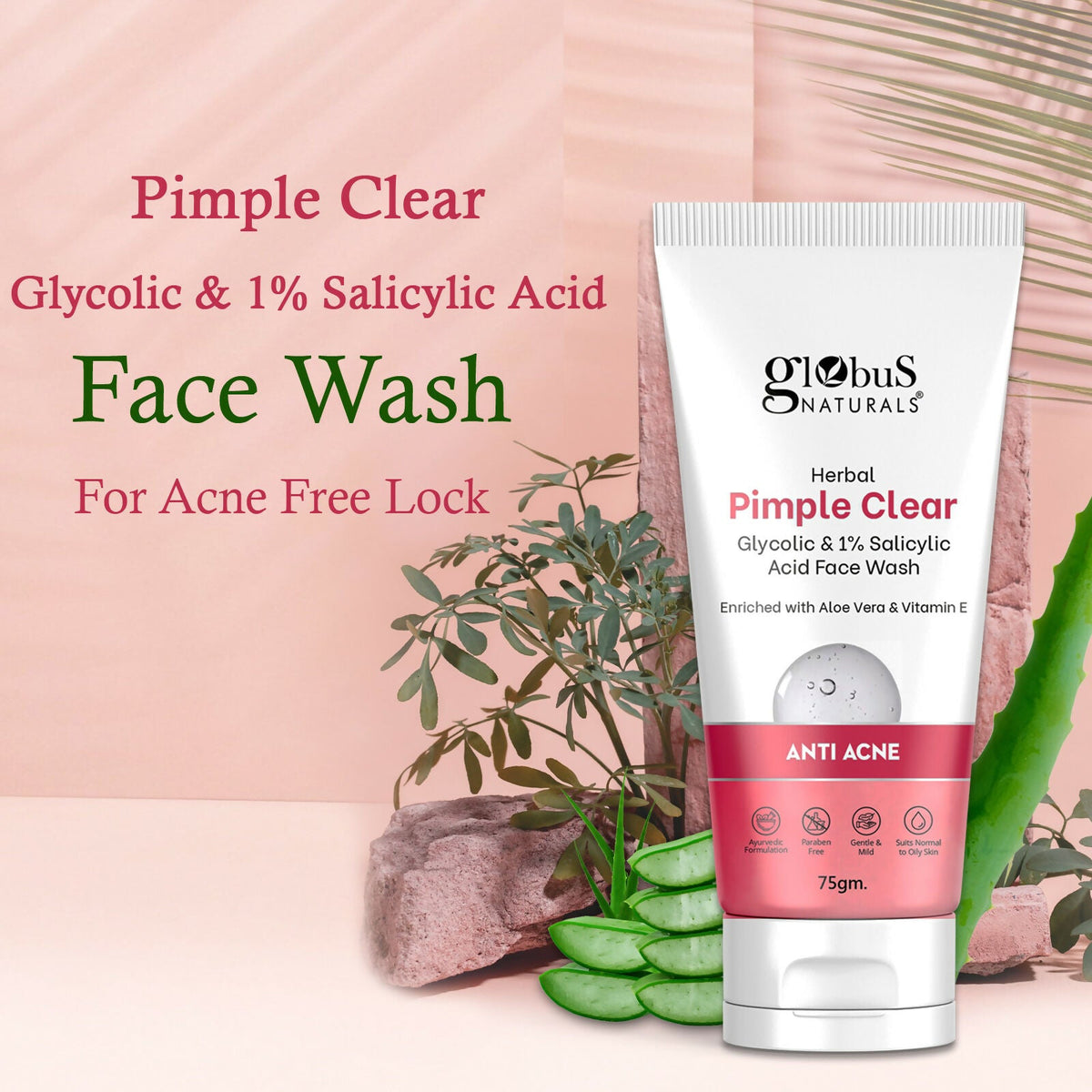Globus Naturals Herbal Pimple Clear Glycolic & 1% Salicylic Acid Face Wash
