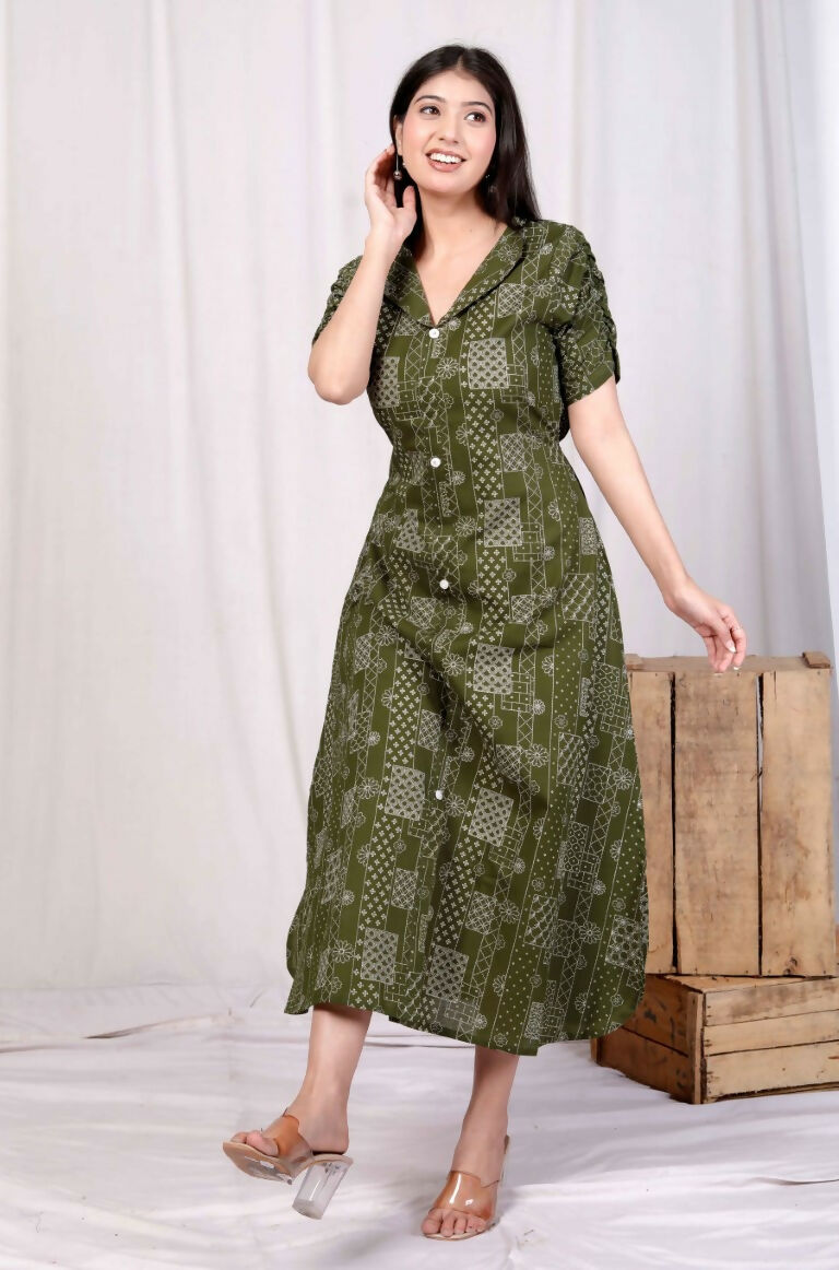 Miravan Women's Pure Cotton Floral Printed Green Button Down A-Line Midi Dress