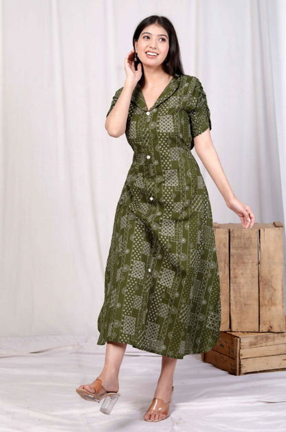 Miravan Women's Pure Cotton Floral Printed Green Button Down A-Line Midi Dress