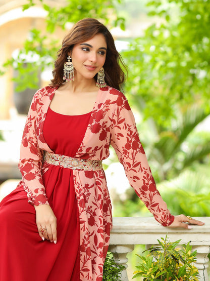 Janasya Maroon Georgette Solid Dress & Jacket