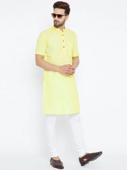 Even Apparels Yellow Color Pure Cotton Men's Kurta With Band Collar