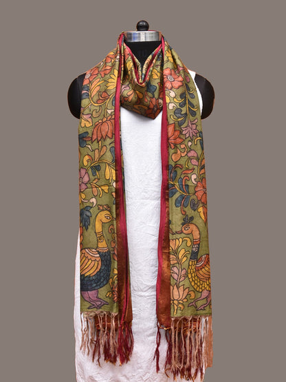 Green and Pink Kalamkari Hand Painted Kanchipuram Silk Handloom Dupatta with Floral and Peacocks Design - Global Threads