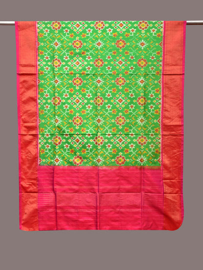 Green and Pink Pochampally Ikat Silk Handloom Dupatta with All Over Design - Global Threads