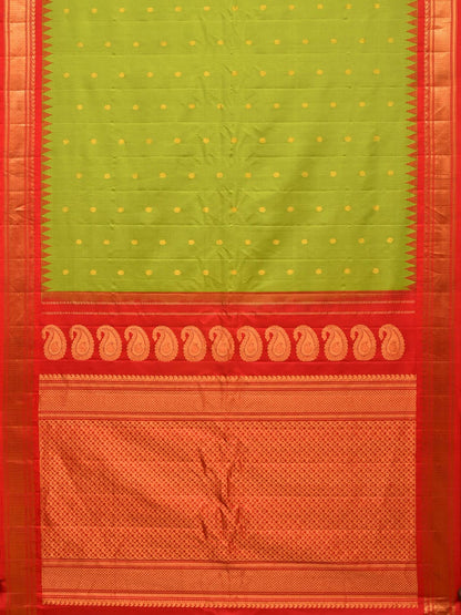 Green and Red Gadwal Silk Handloom Saree with Mango Pallu Design - Global Threads