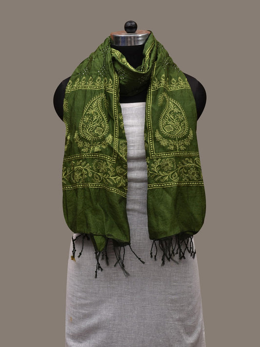 Green Bandhani Silk Handloom Stole with Mango Design - Global Threads