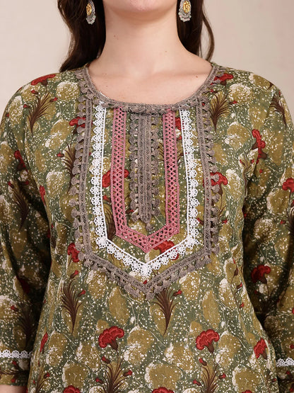 Yufta Green Cotton Lace Work On Yoke Straight Kurta Dupatta Pant Set
