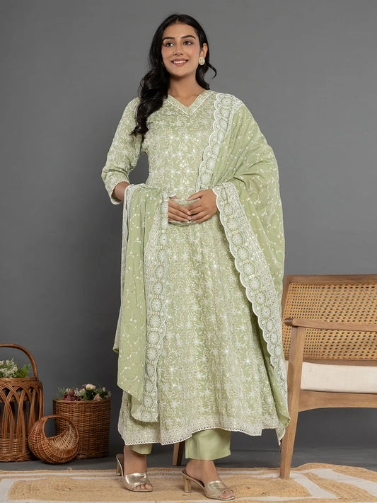 Yufta Green Cotton Silk Embroidered Anarkali Kurta Dupatta Set