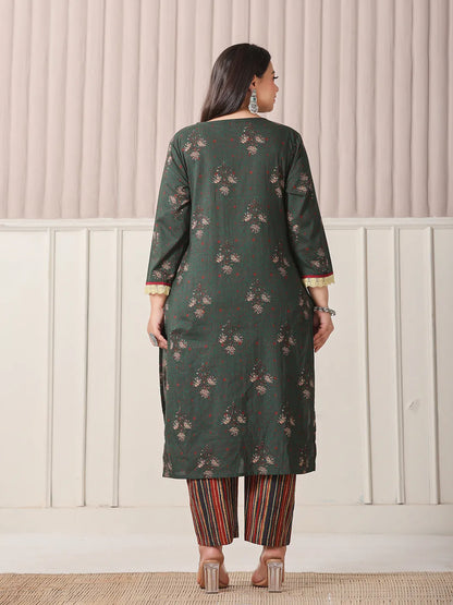 Yufta Green Floral Print Patch & Lace Work Plus Size Kurta Set With Pant & Dupatta