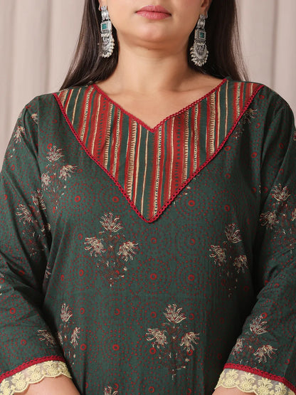 Yufta Green Floral Print Patch & Lace Work Plus Size Kurta Set With Pant & Dupatta