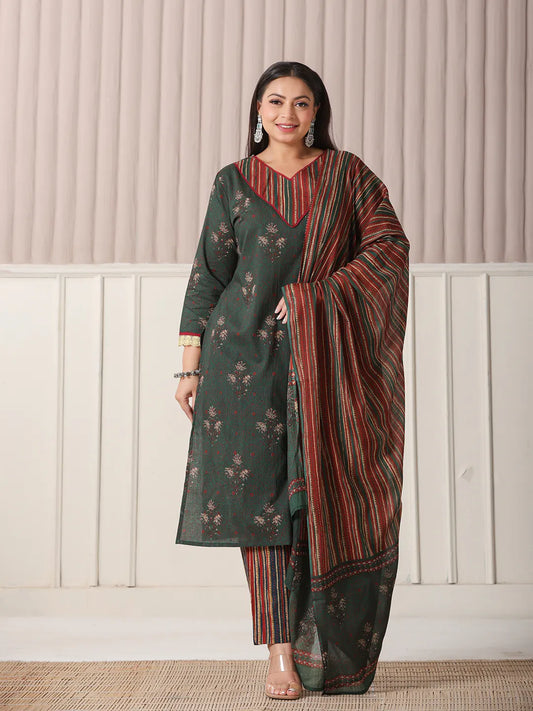 Yufta Green Floral Print Patch & Lace Work Plus Size Kurta Set With Pant & Dupatta