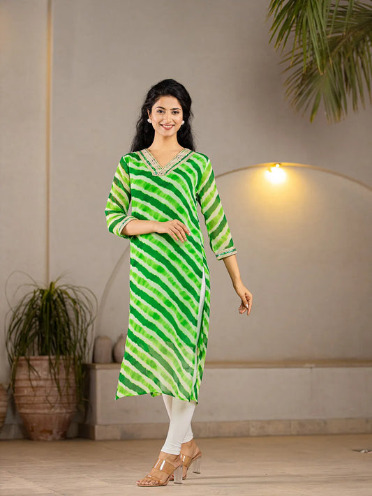 Yufta Green Georgette Lehriya Kurta