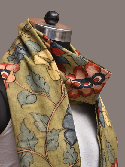 Green Kalamkari Hand Painted Cotton Stole with Floral Design - Global Threads