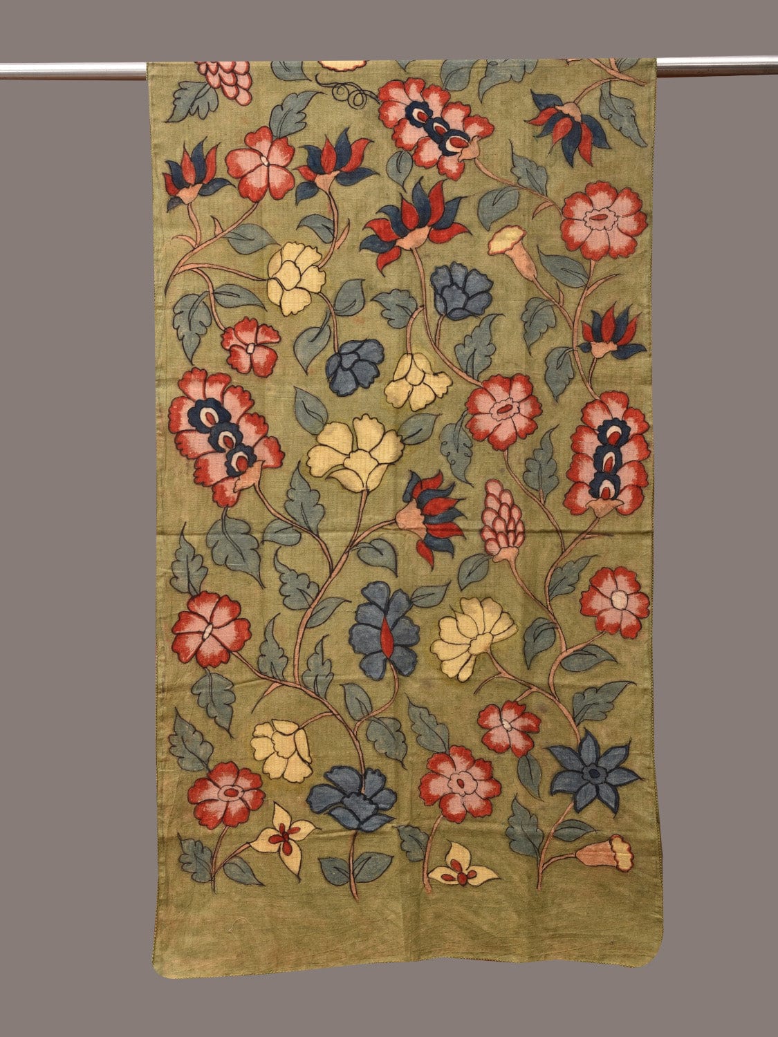 Green Kalamkari Hand Painted Cotton Stole with Floral Design - Global Threads