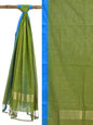 Green Khadi Cotton Handloom Dupatta with Silk Temple Border - Global Threads