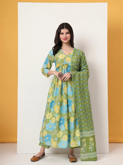 Yufta Green Pure Cotton Maternity Anarkali Kurta Trouser Dupatta Set